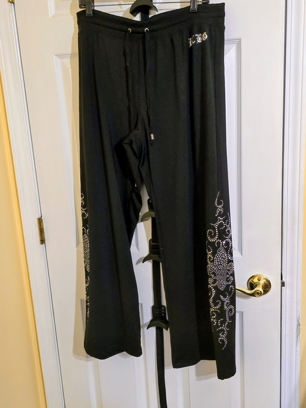 BCBGMaxAzria Black Wide-Leg Joggers with Crystal Embellishment